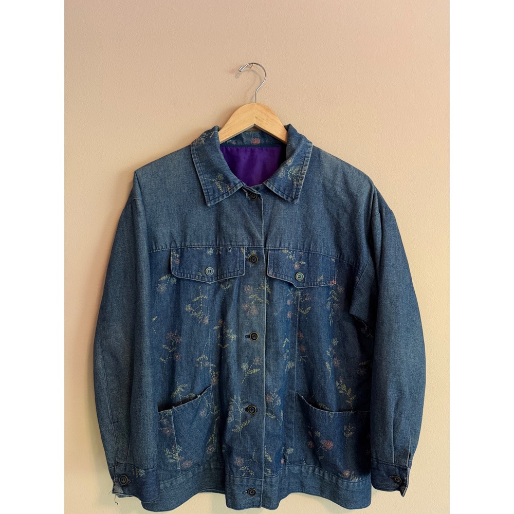 Vintage Floral Embroidered Denim Chore Jacket Blue Utility Coat Womens L